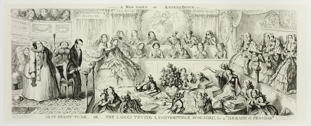 As It Ought to Be eller Damerna prövar en föraktlig skurk för "löftesbrott" från George Cruikshanks ståletsningar till The Comic Almanacks: 1835-1853