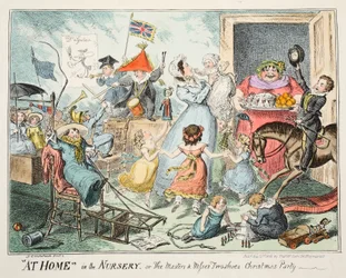 Hemma i barnkammaren, eller "The Masters and Misses Two Shoes Christmas Party", 1835 (handkolorerat gravyr)