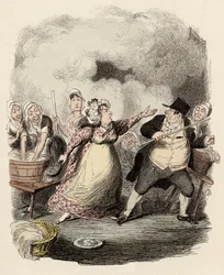 På hospicet blir Monsieur Bumble allvarligt tillbakavisad av sin fru, Madame Corney - Mr Bumble förnedrad i de fattigas ögon - Illustration till "Oliver Twist" (Olivier) (The Adventures of Oliver Twist) av Charles Dickens (1812-1870) , av George Cruikshan