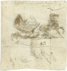 Karikatyr av sig själv (recto); Hytt kastad av en häst, med andra skisser (verso)