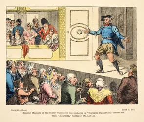 Elliston (chef för Surrey Theatre) i karaktären "Sylvester Daggerwood" som sjunger låten "Bonaparte", skriven av Mr Lawler, pub. 1811 (handfärgad gravyr)