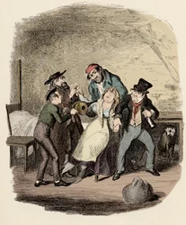 Fagin, Charley Bates, Kikes och Dawkins återupplivar Nancy - Mr Fagin och hans elev återupplivar Nancy - Illustration för "" Oliver Twist"" (Oliver) (The Adventures of Oliver Twist) av Charles Dickens (1812-1870), av George Cruikshank ( 1792-1878).