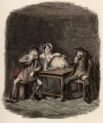 Fagin gör affärer med Morris Bolter, aka Noe Claypole, och Charlotte - The Jew och Morris Bolter börjar förstå varandra - Illustration för "" Oliver Twist"" (Olivier) (The Adventures of Oliver Twist) av Charles Dickens (1812-1870) ), av George