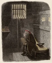 Fagin i sin dödsdomscell - Fagin i den dömda cellen - Illustration för "" Oliver Twist"" (Olivier) (The Adventures of Oliver Twist) av Charles Dickens (1812-1870), av George Cruikshank (1792-1878).