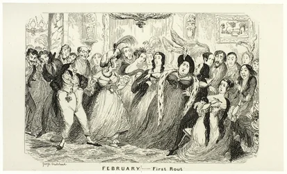 Februari - Första rutan från George Cruikshanks ståletsningar till The Comic Almanacks: 1835-1853