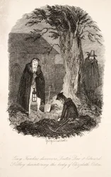 Guy Fawkes upptäcker att Doctor Dee & Edward Kelley sönderfaller Elizabeth Ortons kropp, illustration från Guy Fawkes, eller Gunpowder Treason: an Historical Romance, av William Harrison Ainsworth, pu