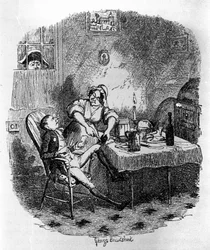 Illustration för "" Oliver Twist"" (Olivier) av Charles Dickens (1812-1870), av George Cruikshank (1792-1878).