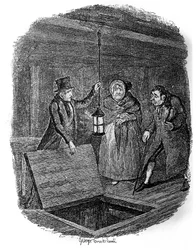 Illustration för "" Oliver Twist"" (Olivier) av Charles Dickens (1812-1870), av George Cruikshank (1792-1878).