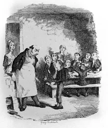 Illustration för "" Oliver Twist"" (Olivier) av Charles Dickens (1812-1870), av George Cruikshank (1792-1878).
