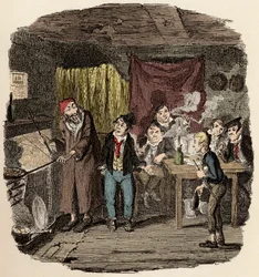 I London, Jack Dawkins Called the Fox presenterar Oliver för Fagin och hans team av malfrats - Oliver presenteras för den respektable gamle gentlemannen - Illustration för "Oliver Twist" (Olivier) (The Adventures of Oliver Twist) av Charles Dickens (1812-1