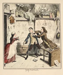 Jack Sheppard uppvisar en vindictive Character, illustration från Jack Sheppard: A Romance av William Harrison Ainsworth, publicerad 1839 (handfärgad etsning)