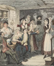 Jack Sheppard blir full och beordrar bort sin mamma, illustration från Jack Sheppard: A Romance av William Harrison Ainsworth, publicerad 1839 (handfärgad etsning)