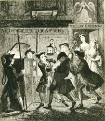 Jack Sheppard som lurar fången Shotbolt, illustration från "Jack Sheppard: A Romance" av William Harrison Ainsworth, publicerad 1839 (etsning).