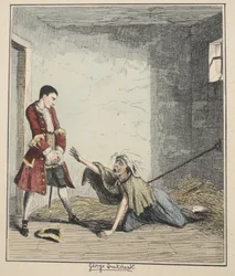 Jack Sheppard besöker sin mamma i Bedlam, illustration från Jack Sheppard: A Romance av William Harrison Ainsworth, publicerad 1839 (handfärgad etsning)