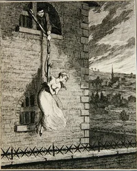 Jack på flykt från Newgate Ward med sin fru Elizabeth Lyon, illustration från "Jack Sheppard: A Romance" av William Harrison Ainsworth, publicerad 1839 (etsning).