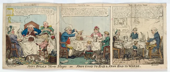 John Bulls tre stadier, eller, From Good to Bad und From Bad to Worse, 1815 (handfärgad gravyr)