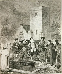 Jonathan Wild griper Jack vid sin mors begravning på Willesden Churchyard, illustration från "Jack Sheppard: A Romance" av William Harrison Ainsworth, publicerad 1839 (etsning)