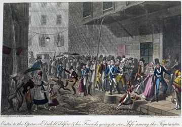 Ingången till Operan i Paris - i ""Livet i Paris"" av David Carey, ill. av Georges Cruikshank, red. Faiburn, London