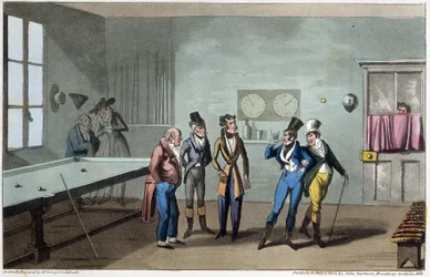 Männen i biljardrummet - i "" Life in Paris"" av David Carey, ill. av G. Cruikshank, London