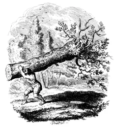 Man som bär en stor trädstam på axeln, 1800-talet.