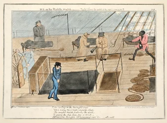 Mr. B på mittklockan - kallt blåser vinden och regnet kommer, från The Progress of a Midshipman, pub.1835 (handfärgad gravyr)