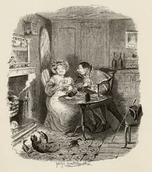 Herr Bumble och fru Corney dricker te, ur „Oliver Twists äventyr” av Charles Dickens (1812-70), 1838, utgiven av Chapman and Hall, 1901