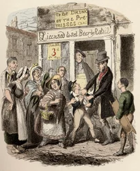 Nancy och Sikes kidnappar Oliver på gatorna - Oliver hävdas av sina tillgivna vänner - Illustration för "" Oliver Twist"" (Olivier) (The Adventures of Oliver Twist) av Charles Dickens (1812-1870), av George Cruikshank (1792-1878) ) .