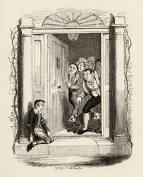 Oliver Twist vid Mrs Maylies dörr, från "The Adventures of Oliver Twist" av Charles Dickens (1812-70) 1838, publicerad av Chapman und Hall, 1901
