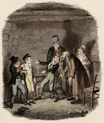 Oliver Twist tas emot av gamle Fagin och hans gäng - Illustration till ”Oliver Twist” (”Oliver Twists äventyr”) av Charles Dickens (1812-1870), av George Cruikshank (1792-1878)