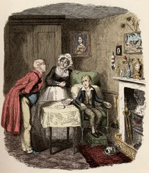 Oliver tas om hand och vårdas av mr Brownlow och hans hushållerska mrs Bedwin - Oliver återhämtar sig från febern - Illustration till ”Oliver Twist” (Oliver) (Oliver Twists äventyr) av Charles Dickens (1812-1870), av George Cruikshank (1792-1878)