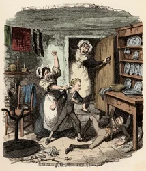 Oliver plockar upp en ande - Illustration för ""Oliver Twist"" (Olivier) (The Adventures of Oliver Twist) av Charles Dickens (1812-1870), av George Cruikshank (1792-1878)