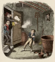 Oliver överraskade och sårade under inbrottsförsöket - Inbrottet - Illustration för "" Oliver Twist"" (Olivier) (The Adventures of Oliver Twist) av Charles Dickens (1812-1870), av George Cruikshank (1792-1878).