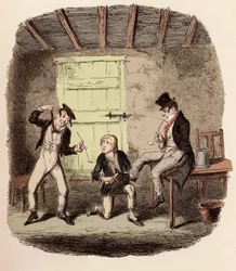 Oliver vaxar rävens skor medan Charley Bates förklarar farorna med att hänga - Master Bates förklarar en professionell teknisk detalj - Illustration för "Oliver Twist" (Olivier) (The Adventures of Oliver Twist) av Charles Dickens (1812-1870), av George Cru
