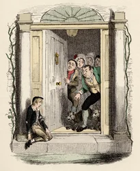 Oliver sår och utblåser ber om hjälp - Oliver Twist vid Mrs Maylies dörr - Illustration för "" Oliver Twist"" (Olivier) (The Adventures of Oliver Twist) av Charles Dickens (1812-1870), av George Cruikshank (1792-1878) .
