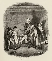 Olivers mottagning av Fagin och pojkarna, från "The Adventures of Oliver Twist" av Charles Dickens (1812-70) 1838, utgiven av Chapman und Hall, 1901