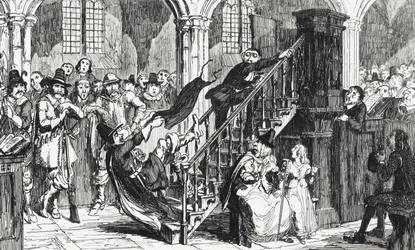Pastor Holdenough under en gudstjänst, illustration från "Woodstock" av Sir Walter Scott (1771-1832), publicerad 1845.