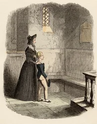 Rose Maylie och Oliver framför minnestavlan av Agnes, deras syster och mor - Rose Maylie och Oliver - Illustration för "" Oliver Twist"" (Olivier) (The Adventures of Oliver Twist) av Charles Dickens (1812-1870), av George Cruikshank (179