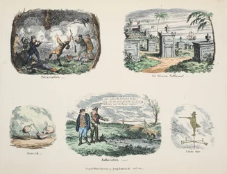 Scraps and sketches: Preservation, An African Settlement, Spoon-bill, Botheration, A Vane Man, pub. 1831 (handfärgad gravyr)