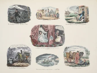Serie illustrationer om fördelarna och bristerna med att ha ett träben, pub. 1828 (handfärgad gravyr)