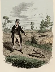Sikes försöker överge sin hund - Illustration till "The Adventures of Oliver Twist" av Charles Dickens (1812-1870), av George Cruikshank (1792-1878).