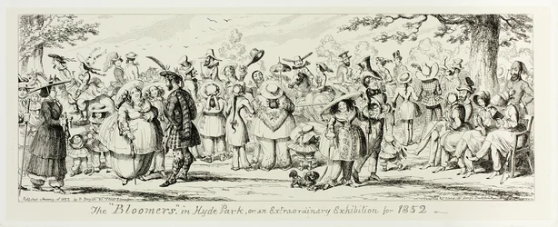 The "Bloomers" in Hyde Park, or an Extraordinary Exhibition for 1852 från George Cruikshanks ståletsningar till The Comic Almanacks: 1835-1853