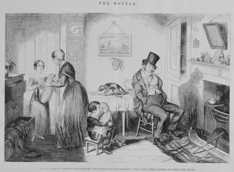 Flaskan, platta II, Han avskedas från sin anställning på grund av fylleri: de pantsätter sina kläder för att få tag på flaskan, 1847