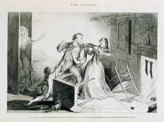 Flaskan, Tallrik VI, Rädsla gräl och brutalt våld är de naturliga konsekvenserna av frekvent användning av flaskan, 1847