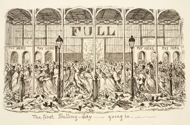 Första Shilling-dagen - Gå in, pub. 1851 (gravyr)