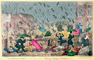 Mycket obehagligt väder, eller det gamla ordspråket verifierade Regnande katter, hundar och högafflar!, pub. av G. Humphrey, 1820
