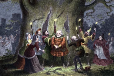 William Shakespeare The Merry Wives of Windsor, pjäs som spelades första gången 1597 eller 1600. Falstaff, efter att ha behållit sitt förmodade uppdrag med i Windsor Forest Mistress Ford som Herne the Hunter och blivit klämd och slagen av "feer" säger "Jag