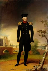Porträtt av den ryske tsaren Alexander I (1777-1825) (den store) i officersdräktmålning av George Dawe (1781-1829) Sankt Petersburg. Eremitagemuseet