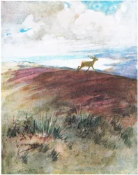 Luften var nära och tung när han galopperade ner från åsen (färg litho)