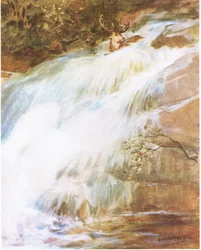 Han kastade huvudet högt i luften i en sista trotsakt och kastade sig ner i vattenfallet (färg litho)