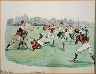December månad: Rugby (penna & bläck och akvarell på papper)